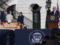 U.S. President Joe Biden hosts the 77th anniversary of the National Thanksgiving Turkey presentation, pardoning two turkeys, 'Peach' and 'Bl...