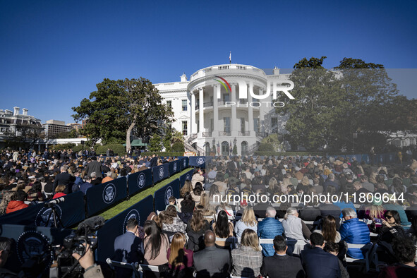 On November 25, 2024, in Washington, D.C., President Joe Biden pardons Peach and Blossom, two Minnesota turkeys, at an event on the South La...