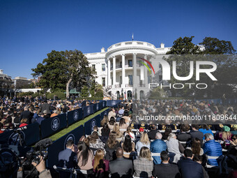 On November 25, 2024, in Washington, D.C., President Joe Biden pardons Peach and Blossom, two Minnesota turkeys, at an event on the South La...