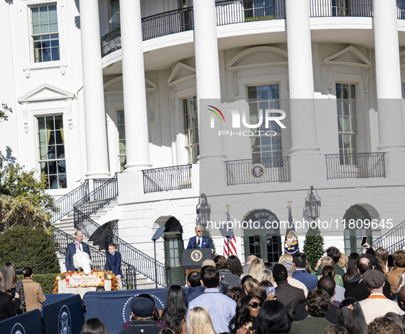 On November 25, 2024, in Washington, D.C., President Joe Biden pardons Peach and Blossom, two Minnesota turkeys, at an event on the South La...