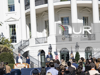 On November 25, 2024, in Washington, D.C., President Joe Biden pardons Peach and Blossom, two Minnesota turkeys, at an event on the South La...