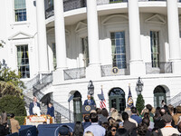 On November 25, 2024, in Washington, D.C., President Joe Biden pardons Peach and Blossom, two Minnesota turkeys, at an event on the South La...