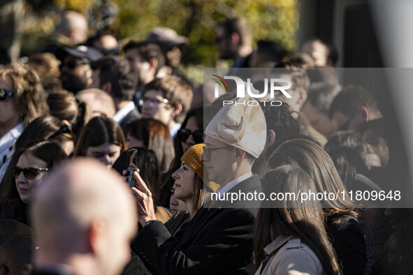 On November 25, 2024, in Washington, D.C., President Joe Biden pardons Peach and Blossom, two Minnesota turkeys, at an event on the South La...