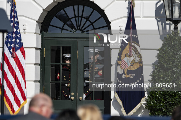 On November 25, 2024, in Washington, D.C., President Joe Biden pardons Peach and Blossom, two Minnesota turkeys, at an event on the South La...