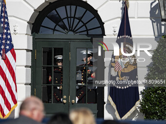 On November 25, 2024, in Washington, D.C., President Joe Biden pardons Peach and Blossom, two Minnesota turkeys, at an event on the South La...