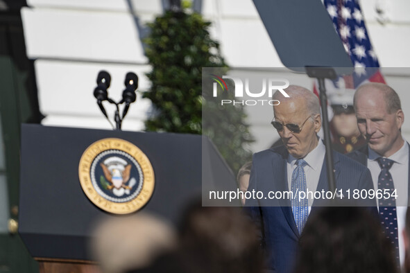 On November 25, 2024, in Washington, D.C., President Joe Biden pardons Peach and Blossom, two Minnesota turkeys, at an event on the South La...