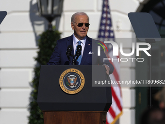 U.S. President Joe Biden hosts the 77th anniversary of the National Thanksgiving Turkey presentation, pardoning two turkeys, 'Peach' and 'Bl...