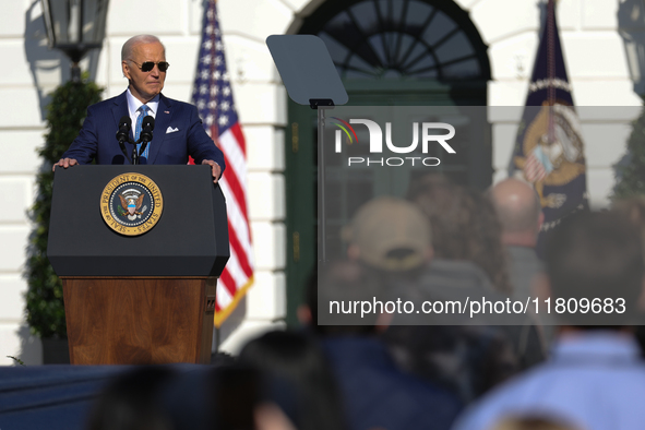 U.S. President Joe Biden hosts the 77th anniversary of the National Thanksgiving Turkey presentation, pardoning two turkeys, 'Peach' and 'Bl...