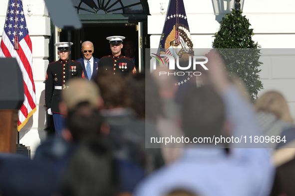 U.S. President Joe Biden hosts the 77th anniversary of the National Thanksgiving Turkey presentation, pardoning two turkeys, 'Peach' and 'Bl...