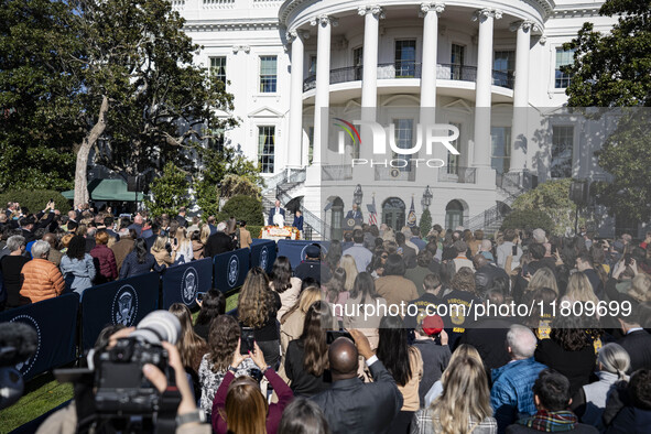 On November 25, 2024, in Washington, D.C., President Joe Biden pardons Peach and Blossom, two Minnesota turkeys, at an event on the South La...