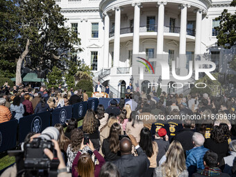 On November 25, 2024, in Washington, D.C., President Joe Biden pardons Peach and Blossom, two Minnesota turkeys, at an event on the South La...