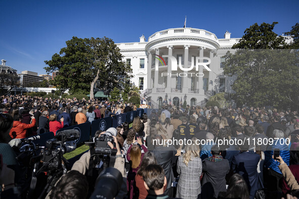 On November 25, 2024, in Washington, D.C., President Joe Biden pardons Peach and Blossom, two Minnesota turkeys, at an event on the South La...