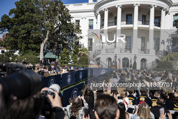 On November 25, 2024, in Washington, D.C., President Joe Biden pardons Peach and Blossom, two Minnesota turkeys, at an event on the South La...