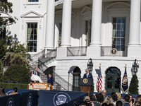 On November 25, 2024, in Washington, D.C., President Joe Biden pardons Peach and Blossom, two Minnesota turkeys, at an event on the South La...