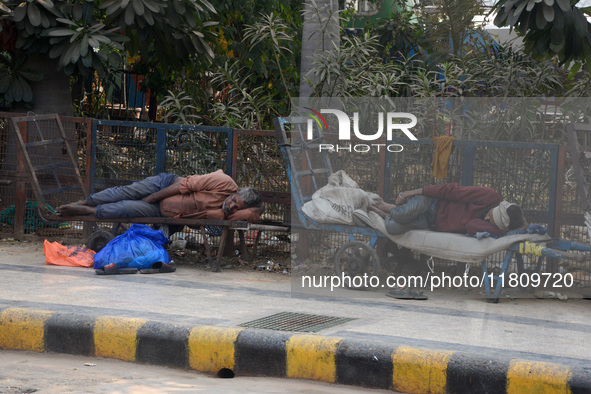 Indian potters rest at their trolleys in the parking lot area at New Delhi Railway station premises on November 24, 2024. 