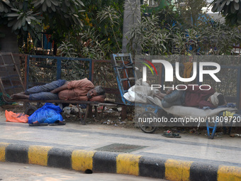 Indian potters rest at their trolleys in the parking lot area at New Delhi Railway station premises on November 24, 2024. (