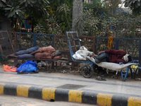 Indian potters rest at their trolleys in the parking lot area at New Delhi Railway station premises on November 24, 2024. (