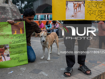 Some students of Dhaka University stage a protest against the action of killing dogs by poisoned food at Japan Garden City in Dhaka, Banglad...