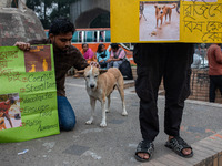 Some students of Dhaka University stage a protest against the action of killing dogs by poisoned food at Japan Garden City in Dhaka, Banglad...