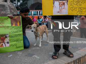 Some students of Dhaka University stage a protest against the action of killing dogs by poisoned food at Japan Garden City in Dhaka, Banglad...