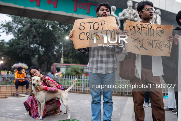 Some students of Dhaka University stage a protest against the action of killing dogs by poisoned food at Japan Garden City in Dhaka, Banglad...