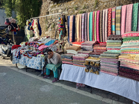 A woman sells clothing along the Mall Road in Mussoorie, Uttarakhand, India, on April 18, 2024. (