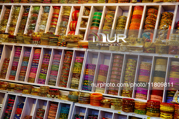 Colorful bangles are displayed at a shop in the Bhutia Bazaar (Tibetan Market) in Nainital, Uttarakhand, India, on April 19, 2024. The Tibet...