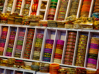 Colorful bangles are displayed at a shop in the Bhutia Bazaar (Tibetan Market) in Nainital, Uttarakhand, India, on April 19, 2024. The Tibet...