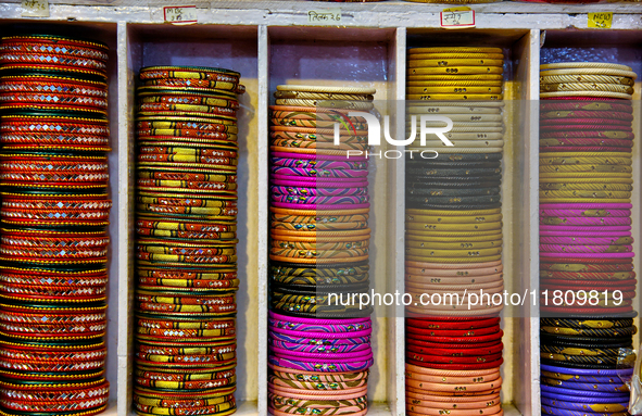 Colorful bangles are displayed at a shop in the Bhutia Bazaar (Tibetan Market) in Nainital, Uttarakhand, India, on April 19, 2024. The Tibet...