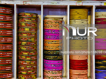 Colorful bangles are displayed at a shop in the Bhutia Bazaar (Tibetan Market) in Nainital, Uttarakhand, India, on April 19, 2024. The Tibet...