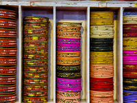 Colorful bangles are displayed at a shop in the Bhutia Bazaar (Tibetan Market) in Nainital, Uttarakhand, India, on April 19, 2024. The Tibet...