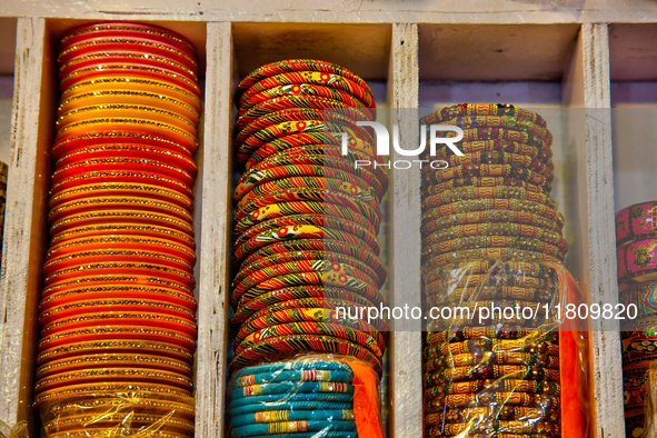 Colorful bangles are displayed at a shop in the Bhutia Bazaar (Tibetan Market) in Nainital, Uttarakhand, India, on April 19, 2024. The Tibet...