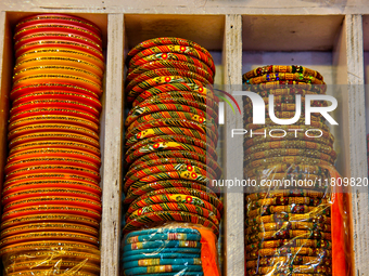 Colorful bangles are displayed at a shop in the Bhutia Bazaar (Tibetan Market) in Nainital, Uttarakhand, India, on April 19, 2024. The Tibet...