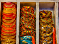 Colorful bangles are displayed at a shop in the Bhutia Bazaar (Tibetan Market) in Nainital, Uttarakhand, India, on April 19, 2024. The Tibet...