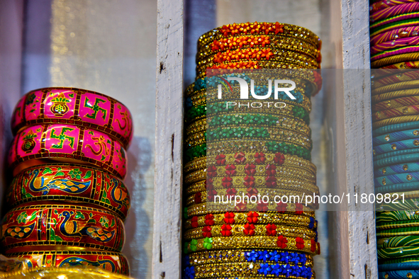 Colorful bangles are displayed at a shop in the Bhutia Bazaar (Tibetan Market) in Nainital, Uttarakhand, India, on April 19, 2024. The Tibet...