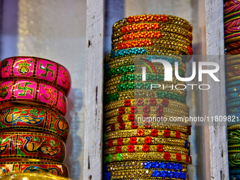 Colorful bangles are displayed at a shop in the Bhutia Bazaar (Tibetan Market) in Nainital, Uttarakhand, India, on April 19, 2024. The Tibet...