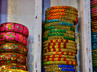 Colorful bangles are displayed at a shop in the Bhutia Bazaar (Tibetan Market) in Nainital, Uttarakhand, India, on April 19, 2024. The Tibet...