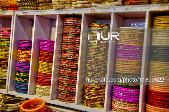 Colorful bangles are displayed at a shop in the Bhutia Bazaar (Tibetan Market) in Nainital, Uttarakhand, India, on April 19, 2024. The Tibet...