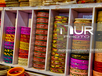 Colorful bangles are displayed at a shop in the Bhutia Bazaar (Tibetan Market) in Nainital, Uttarakhand, India, on April 19, 2024. The Tibet...