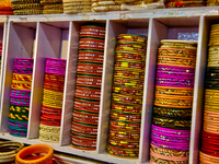 Colorful bangles are displayed at a shop in the Bhutia Bazaar (Tibetan Market) in Nainital, Uttarakhand, India, on April 19, 2024. The Tibet...