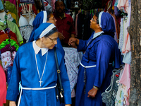 Nuns shop at the Bhutia Bazaar (Tibetan Market) in Nainital, Uttarakhand, India, on April 19, 2024. The Tibetan Market is located by Naini L...