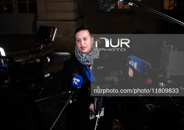 La France Insoumise leader Mathilde Panot speaks to the press after the summit with Prime Minister Michel Barnier at the Hotel de Matignon i...