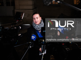 La France Insoumise leader Mathilde Panot speaks to the press after the summit with Prime Minister Michel Barnier at the Hotel de Matignon i...