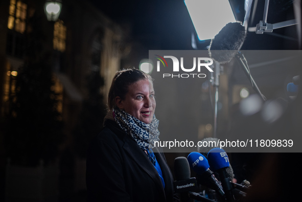 La France Insoumise leader Mathilde Panot speaks to the press after the summit with Prime Minister Michel Barnier at the Hotel de Matignon i...