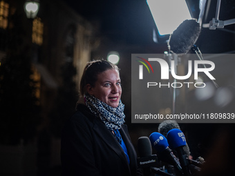 La France Insoumise leader Mathilde Panot speaks to the press after the summit with Prime Minister Michel Barnier at the Hotel de Matignon i...