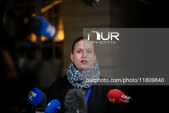 La France Insoumise leader Mathilde Panot speaks to the press after the summit with Prime Minister Michel Barnier at the Hotel de Matignon i...