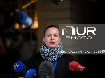 La France Insoumise leader Mathilde Panot speaks to the press after the summit with Prime Minister Michel Barnier at the Hotel de Matignon i...