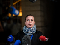 La France Insoumise leader Mathilde Panot speaks to the press after the summit with Prime Minister Michel Barnier at the Hotel de Matignon i...