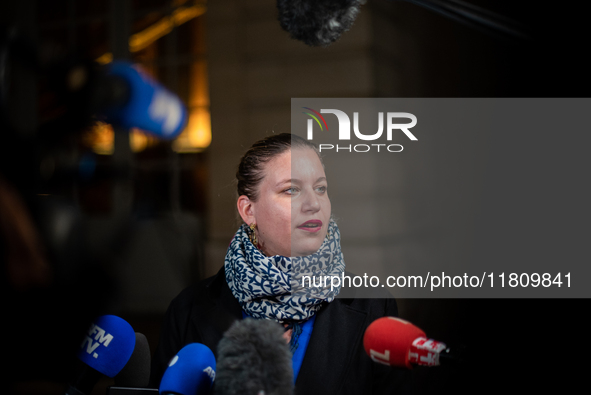 La France Insoumise leader Mathilde Panot speaks to the press after the summit with Prime Minister Michel Barnier at the Hotel de Matignon i...