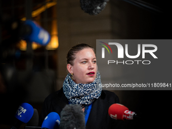 La France Insoumise leader Mathilde Panot speaks to the press after the summit with Prime Minister Michel Barnier at the Hotel de Matignon i...